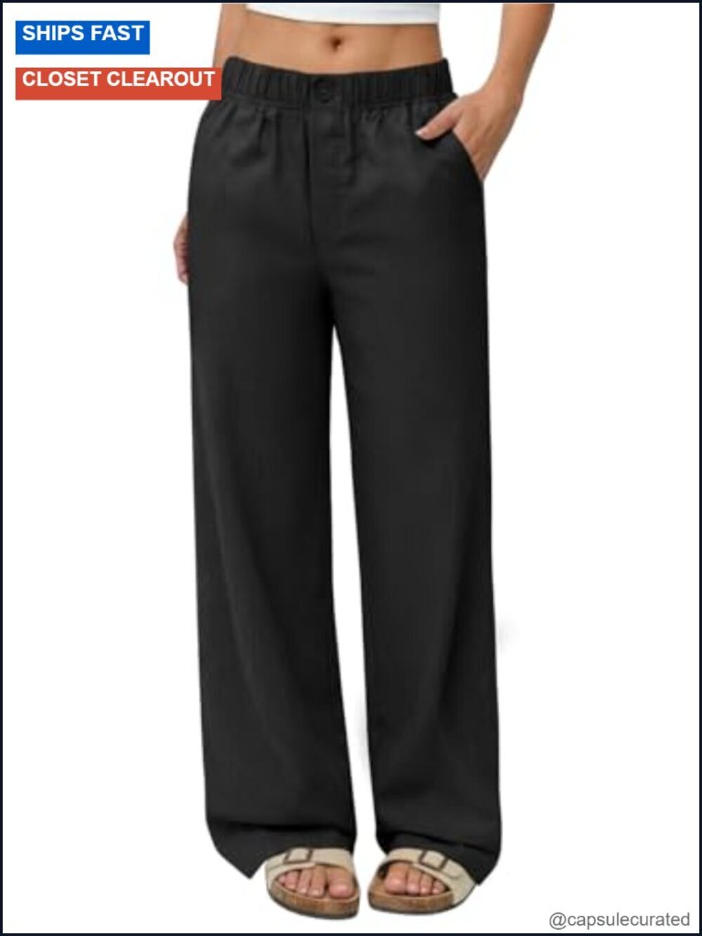 Linen Wide Leg Palazzo Pants with Pockets Elastic High-Waist Comfortable Flowy